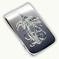 Hand Engraved Palm Tree money clip with initials JG in sterling